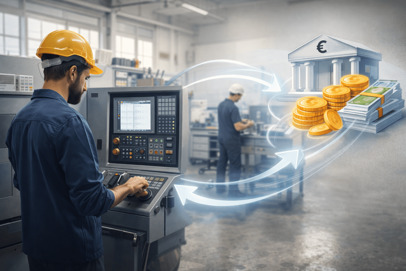 Employé utilisant une machine industrielle en atelier dans le cadre d’un financement de trésorerie en lease-back